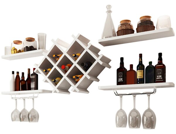 Floating Wall Mounted Wine Rack with Four Separate Shelves, 2 with Glass Storage-White