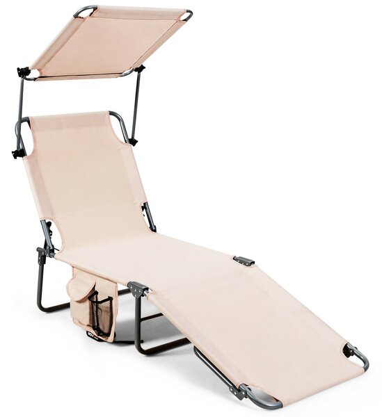 Folding Sun Lounger with Adjustable Shade Canopy-Beige