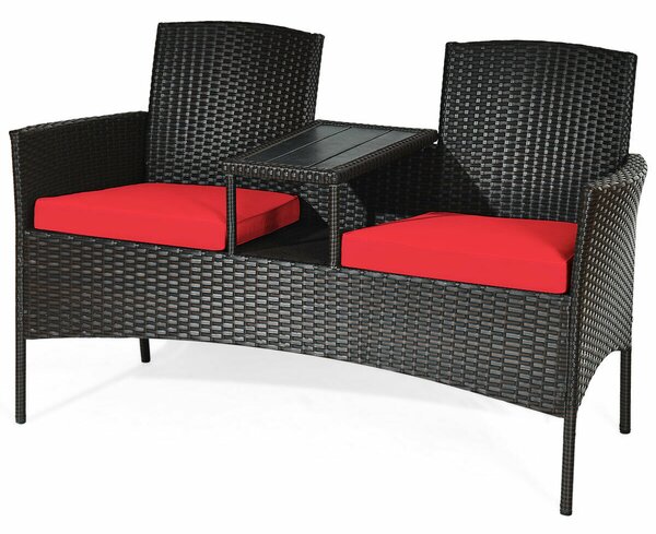 2-Seater Rattan Chair with Coffee Table and Removable Cushion-Red