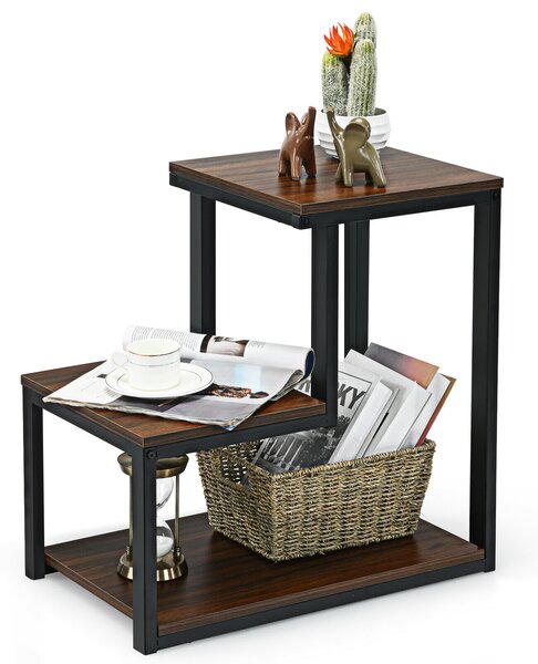 Industrial Styled End Table with 3 Shelves-Brown