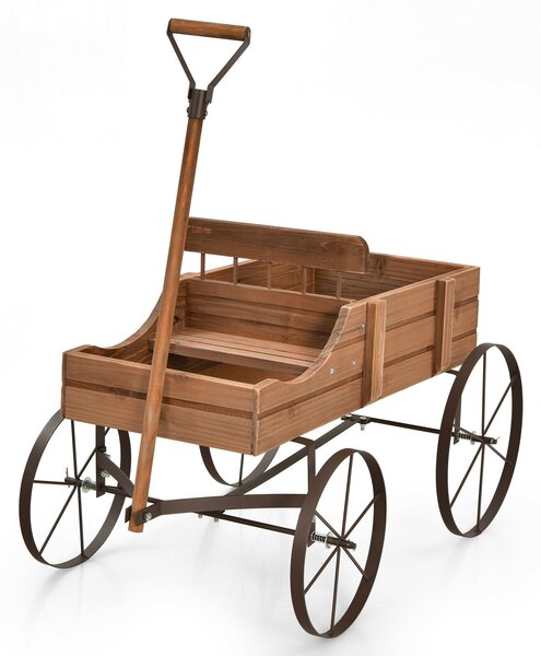 Amish Styled Wagon Plant Stand with Wheels-Brown