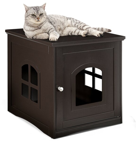 Decorative Cat House Side Table with Window-Brown