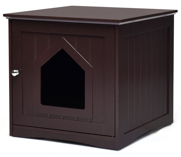 Costway Wooden Cat House Litter Box Enclosure Nightstand-Brown