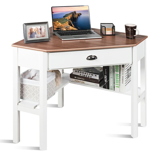 Corner Table / Computer Desk with Drawer and Shelves-Natural