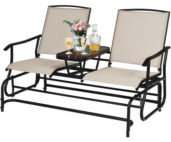 2 Seater Garden Rocking Lounge with Centre Table-Beige