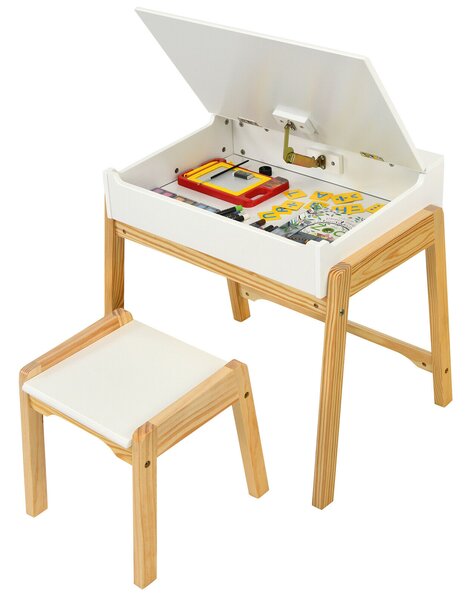 Children's Wooden Lift-up Table and Chair Set-White