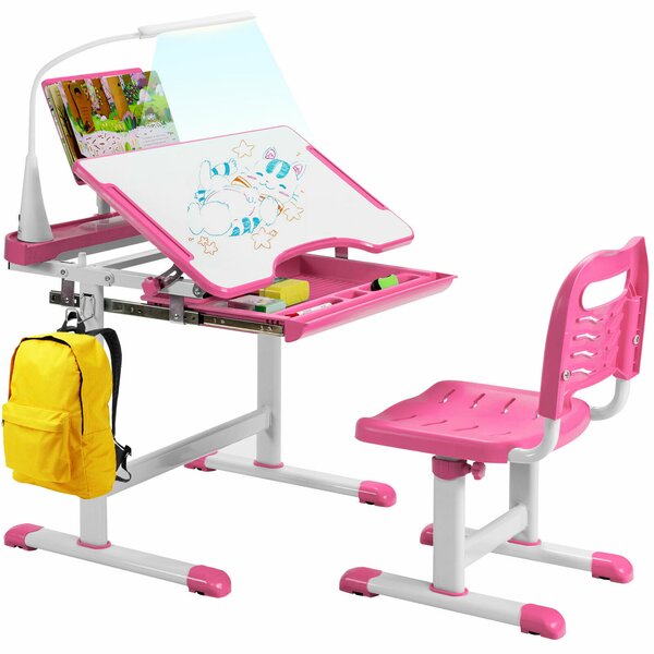 Height Adjustable Kid's Tilted Desk Set with Lamp & Drawer-Pink