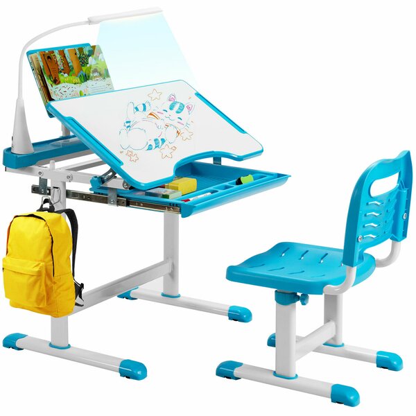 Height Adjustable Kid's Tilted Desk Set with Lamp & Drawer-Blue