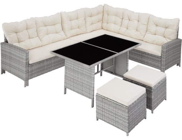 Tectake 404400 rattan garden corner set barletta | 8 seats, 1 table - light grey/cream