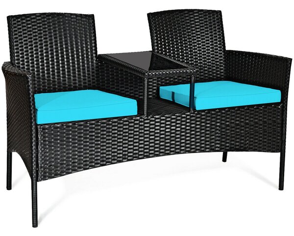 Rattan Turquoise Cushioned Loveseat with Glass Table