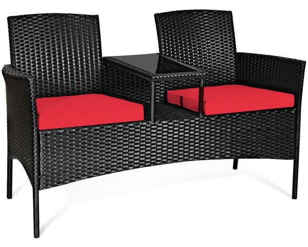 Rattan Red Cushioned Loveseat with Glass Table