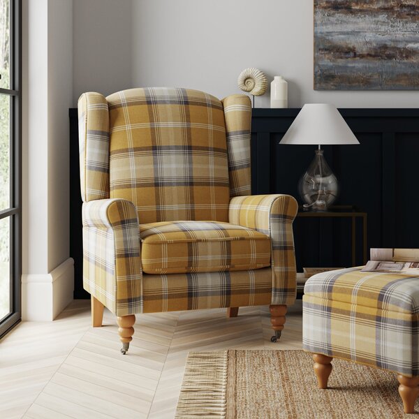 Oswald Grande Check Wingback Armchair Gold/White