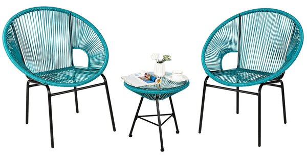 3Pcs Patio Rattan Woven Furniture Set with Glass Table-Green
