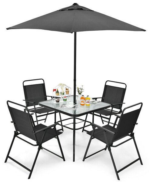 6 Piece Patio Dining Set with Umbrella and 4 Folding Chairs