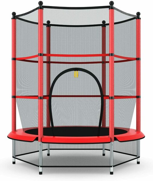 Children's Trampoline with Safety Net Enclosure and Plastic Foot Pads-Red