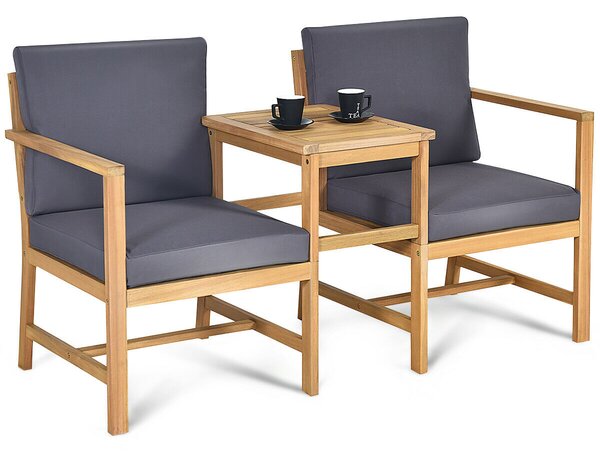 3 Piece Wooden Table and Chair Set with Cushions for Outdoor