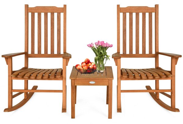Costway 3 Piece Eucalyptus Rocking Chair Set with Coffee Table