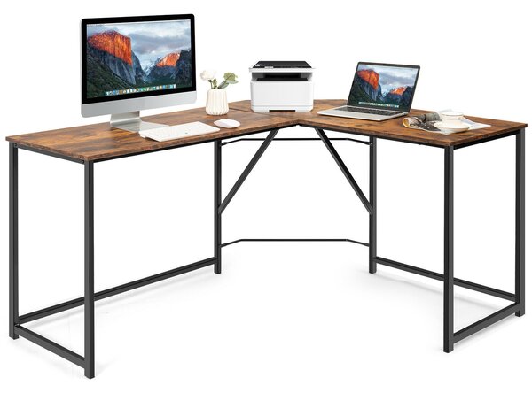 L-Shaped Corner Computer Desk with Reinforced Metal Frame-Brown
