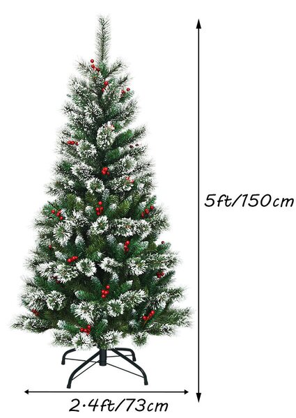 Snow Flocked Christmas Tree with Red Berries and Metal Base-5FT