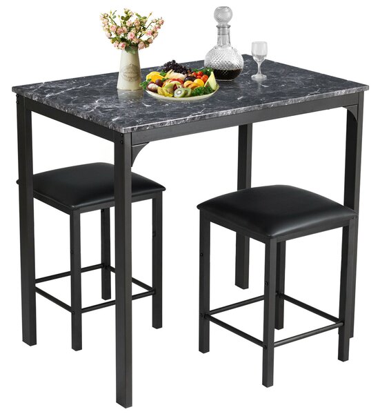 Costway 3 Piece Dining Table Set with 2 Faux Leather Backless Stools-Black