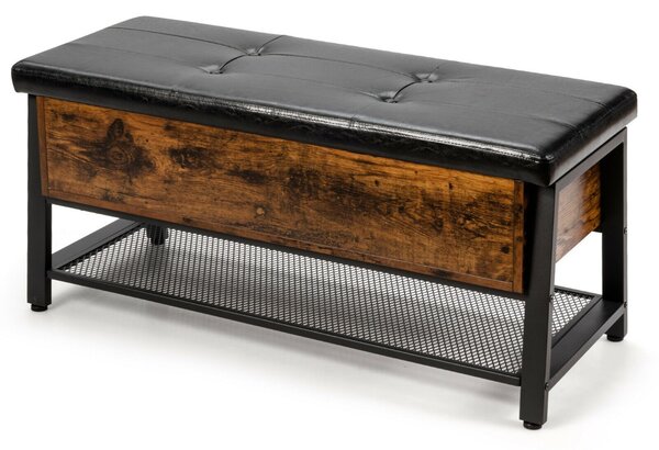 Wooden Ottoman Storage Bench with Shelf and Cushion