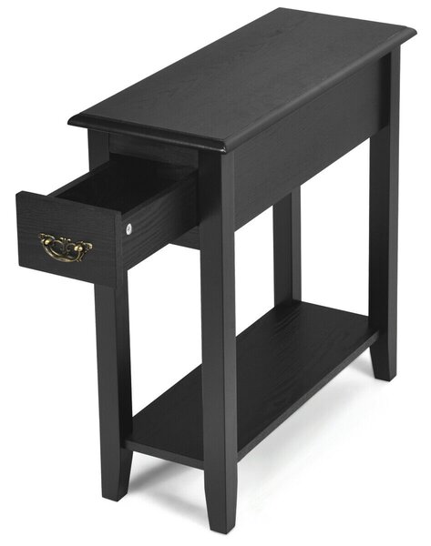 2-Tier Bedside Table with Drawer and Storage Shelf-Black