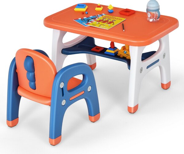 Kids Table and Chair Set with Building Blocks and Storage Rack-Orange
