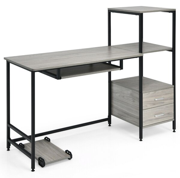 Computer Desk with Storage Bookshelf and Movable CPU Stand-Grey