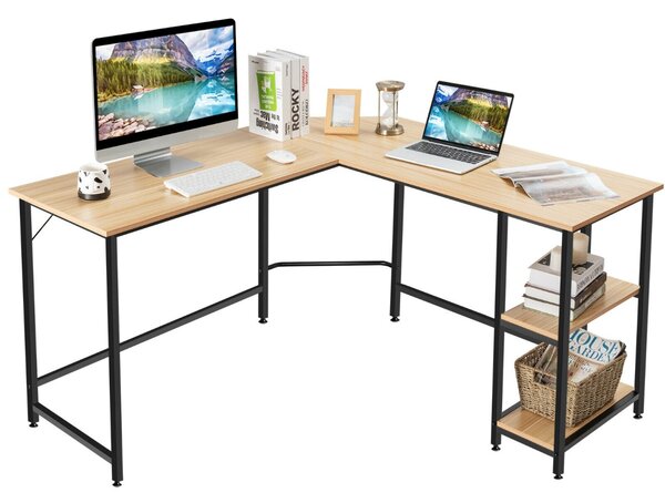 Costway L-Shaped Corner Computer Desk with 2-Tier Storage Shelf-Natural