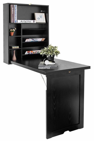 Wall Mounted Desk with Adjustable Storage Shelves for Home Office-Black