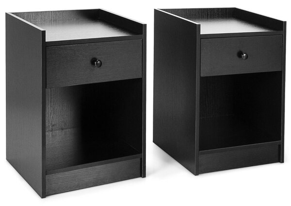 Set of 2 Bedside Table with a Drawer and Open Shelf-Black