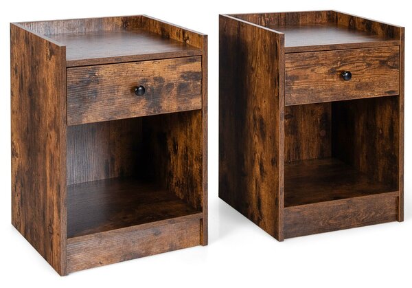 Set of 2 Bedside Table with a Drawer and Open Shelf-Deep Brown
