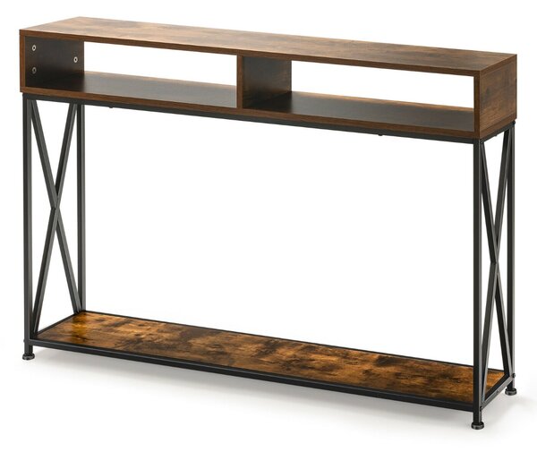 2-Tier Console Table with Open Shelf and Storage Compartments-Brown