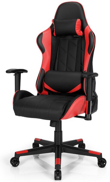 Costway Swivel High Back Racing Chair with Headrest and Lumbar Pillow-Red