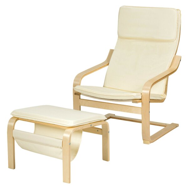 Wooden Lounge Chair with Footstool and Removable Cushion-White
