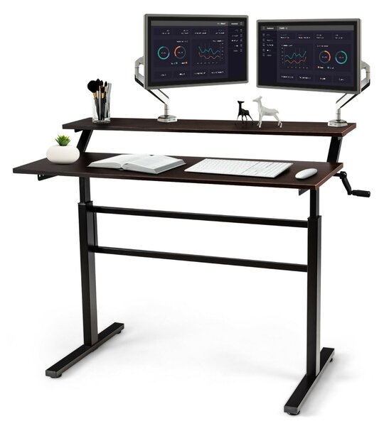 Costway 2-Tier Height Adjustable Standing Desk with Crank Handle-Coffee