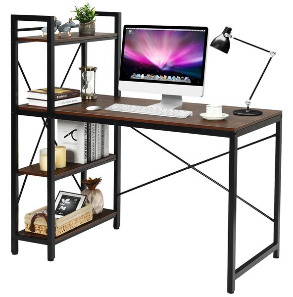 Wooden Computer Desk Writing Table with 4-Tier Reversible Bookshelf-Walnut