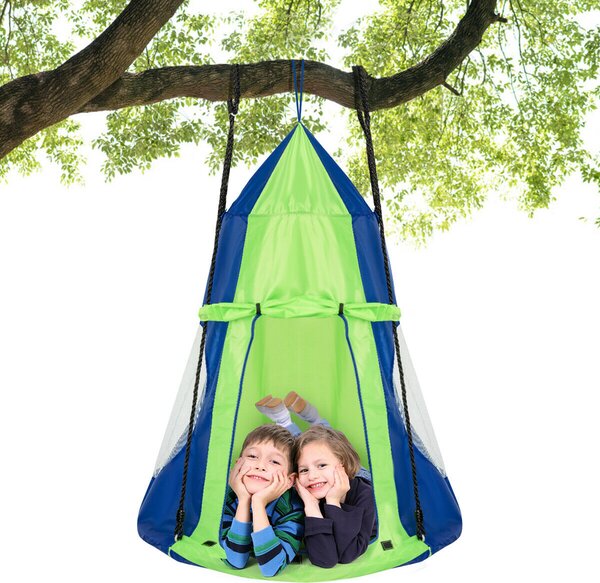 2-in-1 Kids Nest Swing with Detachable Play Tent-Green