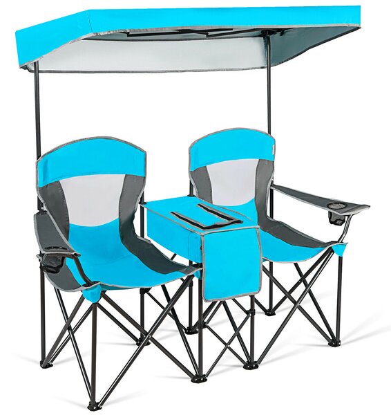 Double Folding Camping Chair with Canopy and Armrests-Blue