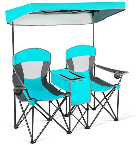 Double Folding Camping Chair with Canopy and Armrests-Turquoise