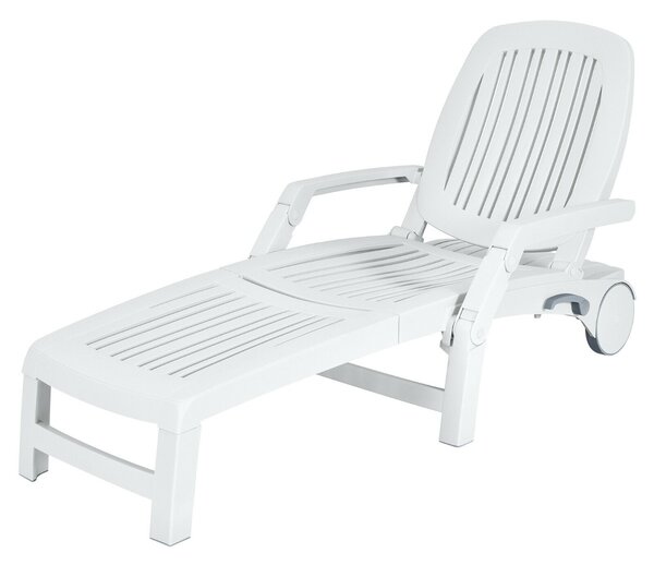 Adjustable Folding Outdoor Chaise Lounge Chair With Storage and Wheel-White