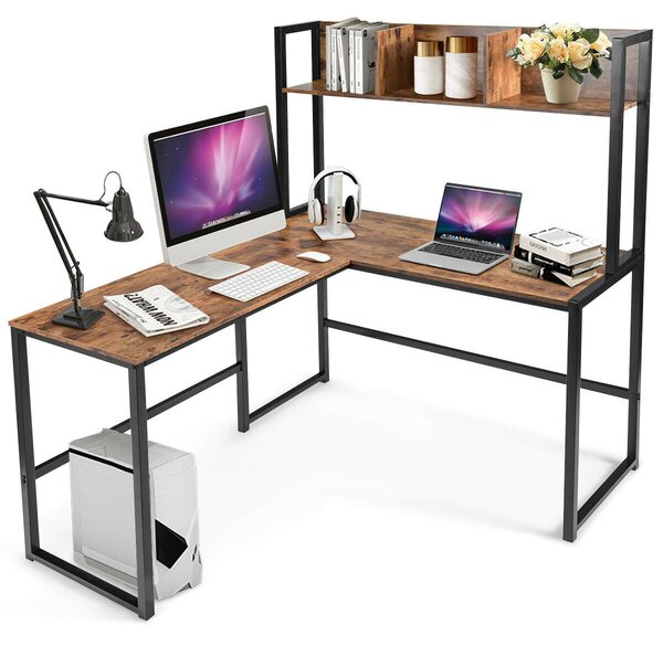 L-Shaped Corner Computer Desk with Storage Bookshelf-Brown