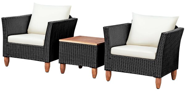 3 Piece Rattan Furniture Set with Cushioned Sofas and Acacia Table-Black & White