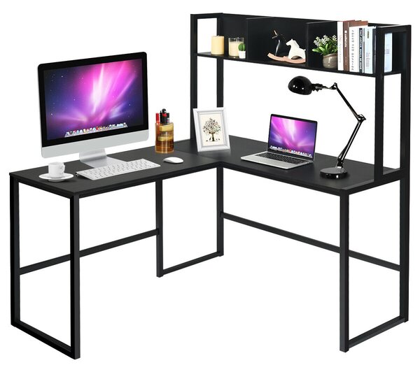 L-Shaped Corner Computer Desk with Storage Bookshelf-Black