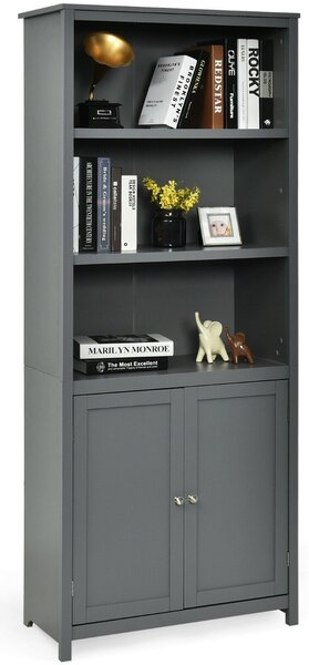 Wooden Tall Bookcase with 3-Tier Storage Cabinet-Grey