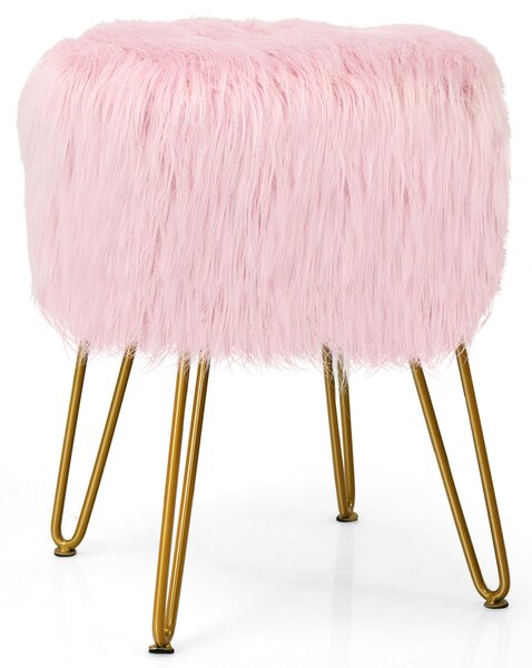 Furry Faux Fur Footrest with Gold Metal Legs and Pads-Pink