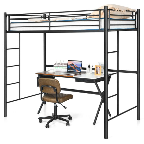 Twin Metal Loft Bed Frame with Safety Guardrail for Kids and Adults-Black