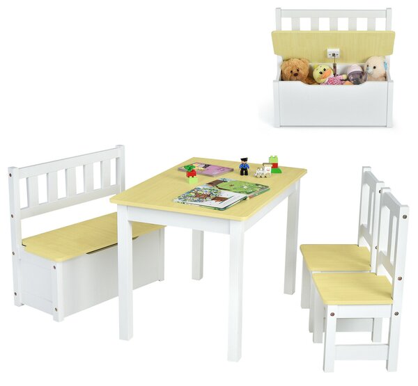 2-In-1 Wooden Toddler Activity Table Set with Toy Storage Bench-Natural