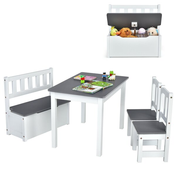 2-In-1 Wooden Toddler Activity Table Set with Toy Storage Bench-Grey
