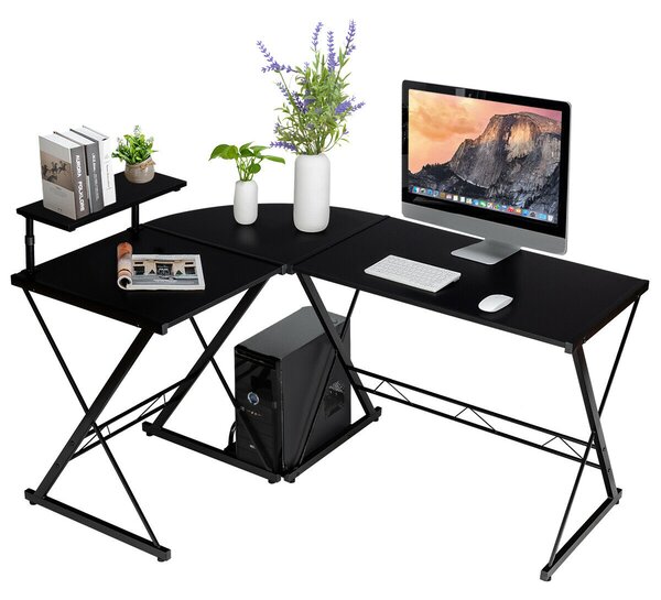 L-Shaped Corner Computer Desk with Monitor Stand and Host Tray-Black